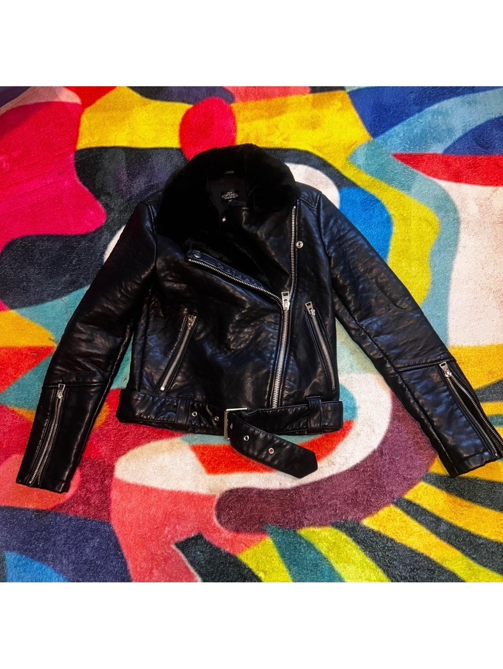 Women’s Black Faux Leather Bomber Jacket with Belt and Fur